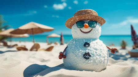 Snowman in hat and sunglasses on the sandy beach near the seaの素材
