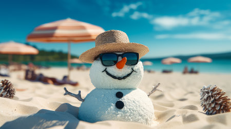 Snowman in hat and sunglasses on the beach with umbrellasの素材