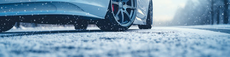 Car wheels on the road in winter. Panoramic banner.の素材