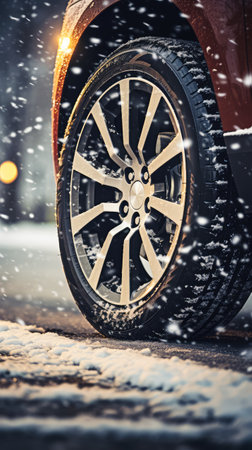 Winter tires on a car wheel covered with snow in the city.の素材