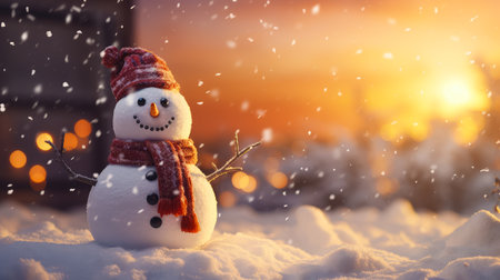 Snowman with scarf and hat on the background of winter landscape.の素材