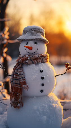 Snowman with scarf and hat in the winter forest at sunset.の素材