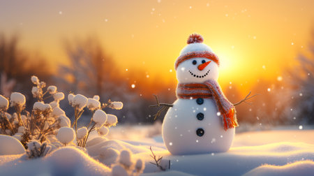 Snowman in winter forest at sunset. Christmas and New Year background.の素材