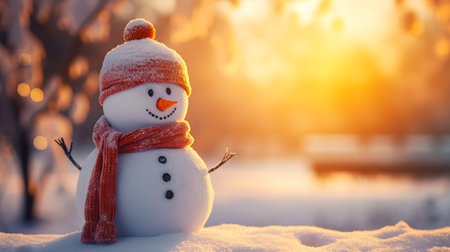 Snowman in a red scarf and hat on the background of the winter landscape.の素材