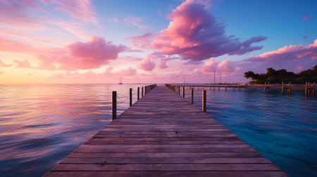 Wooden jetty in the sea at sunset, Maldives.の素材