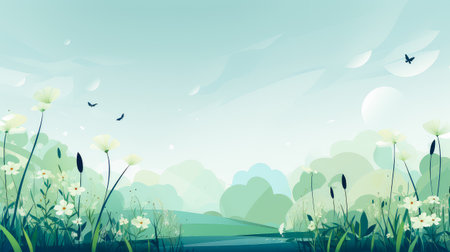 Spring landscape with flowers, grass, butterflies and clouds. Vector illustration.の素材