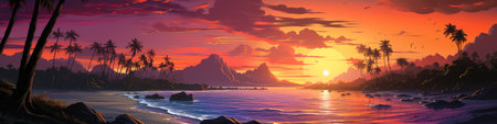Tropical beach with palm trees and sunset. Beautiful seascape. Vacation and travel concept. Vector illustration.の素材