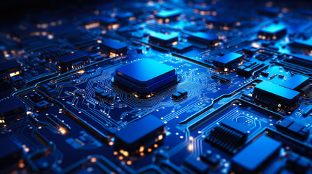 Technology background. Circuit board close up. Electronic computer hardware. Motherboard digital chip. Integrated communication processor. Information engineering component.の素材
