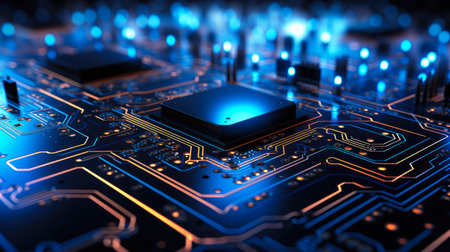 Technology background. Circuit board close up. Electronic computer hardware. Motherboard digital chip. Integrated communication processor. Information engineering component.の素材