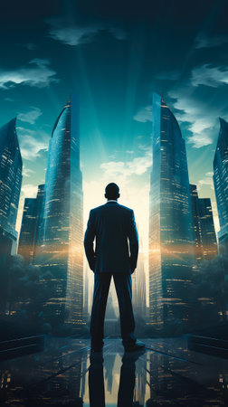 Businessman looking at the skyscrapers in the city at nightの素材