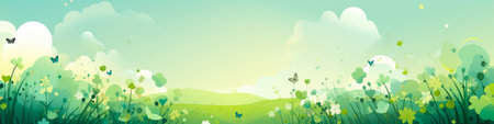 Spring background with green grass, flowers and butterflies. Vector illustration.の素材