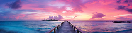 Wooden pier at tropical beach at sunset, panoramic viewの素材