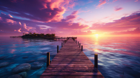 Wooden pier on the sea at sunset. 3d rendering.の素材