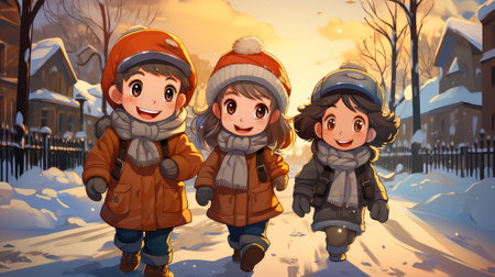 Illustration of the children on the street during the winter season.の素材