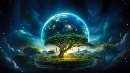Fantasy landscape with tree and planet in the night. Ecology and environment concept.の素材