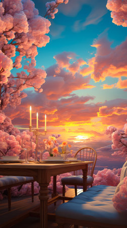 3D render of a romantic table setting with cherry blossoms and candlesの素材
