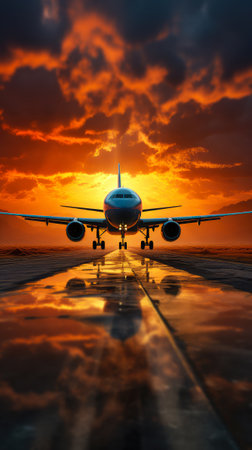 Passenger plane stands on the runway against the backdrop of a beautiful sunset. Air transportation and travel concept.の素材