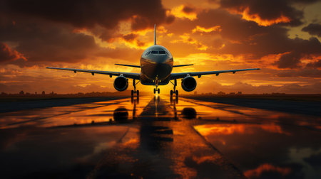 Airplane in the airport at sunset. 3d render. Business travel concept.の素材