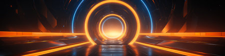 3D abstract background with neon lights. neon tunnel.space construction..3d illustrationの素材
