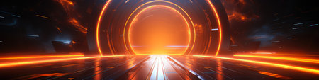 3D abstract background with neon lights. neon tunnel.space construction..3d illustrationの素材