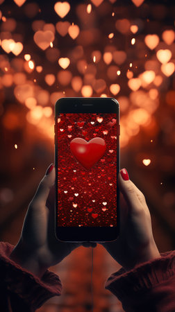 Valentine's day concept. Female hands holding smartphone with red heart on bokeh background.の素材