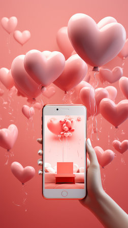 Smartphone with heart shaped balloons on red background. 3D Renderingの素材