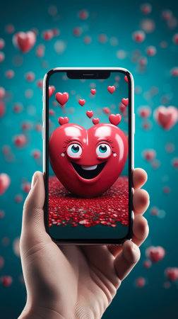 Smartphone in hand with red heart on screen. 3d renderingの素材