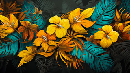 Tropical background with exotic flowers and leaves. Vector illustration.の素材