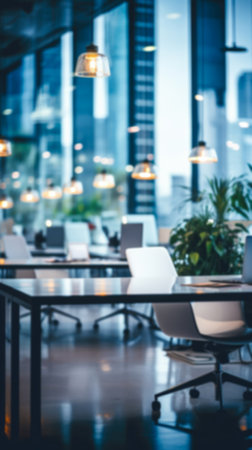 Blurred image of modern office interior for background usage. Toned.の素材