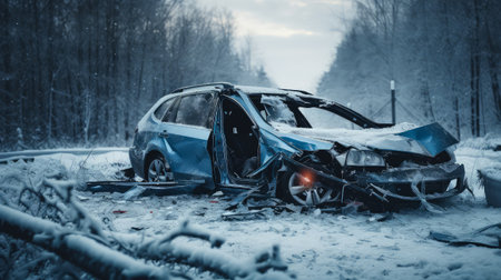 Car accident on the road in the winter forest. Car insurance concept.の素材