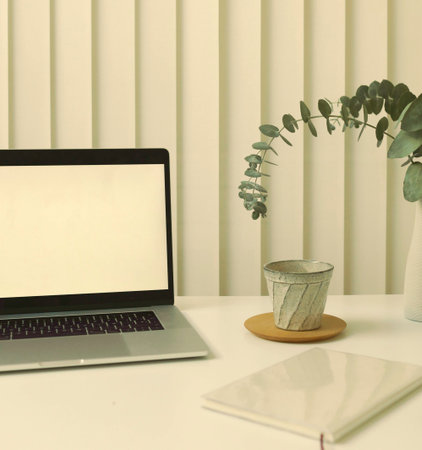 Laptop computer with blank screen on white table in office, stock photo