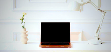 Laptop with blank screen on the table in the room, stock photo
