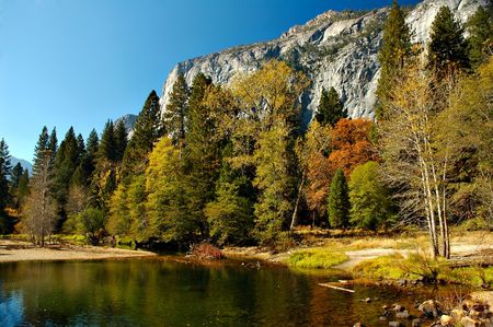 Small pond reflecting autumn colors in Yosemite National Park in Californiaの写真素材