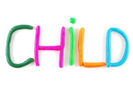 "Child" written in child's clay isolated on a white backgroundの写真素材