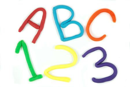ABC 123 written using child's clay isolated on a white background