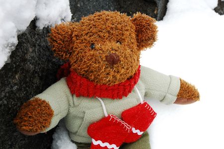 Teddy bear dressed for winter playing outside in the snowの写真素材