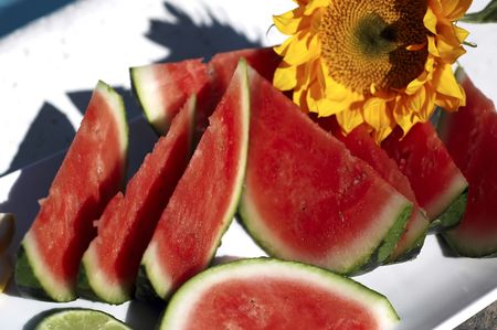 Watermelon wedges on a white platter in the afternoon sunの写真素材