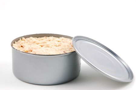 Open can of tuna fish with fork isolated on a white backgroundの写真素材