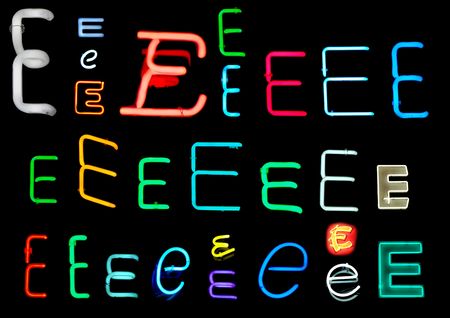 Neon letters E collected from neon signs for design elementsの写真素材