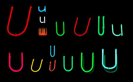 Neon letters U collected from neon signs for design elementsの写真素材