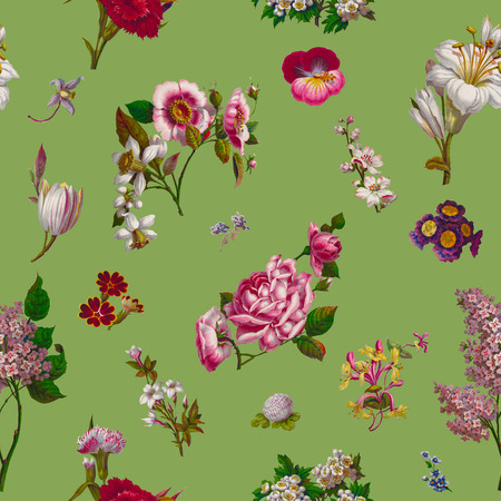 Vintage Victorian Flowers Seamless Background on Green.  Source: Harrison's Perfumery Advertisement, c. 1854,  US Library of Congressの写真素材