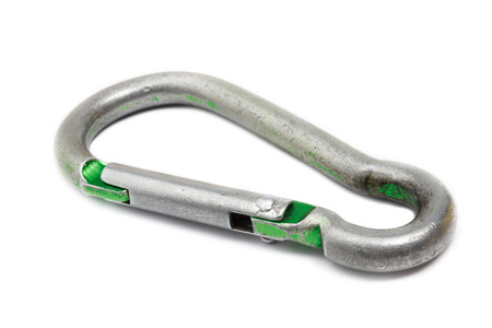 two old carabiner green and yellow photo isolation in white background
