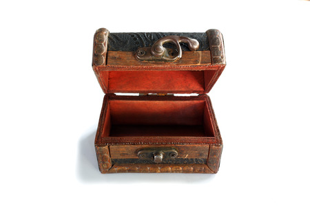 brown old casket open box isolatedの写真素材
