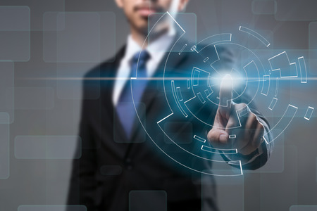 business man in black suit touch digital virtual screen of business concept marketing planの写真素材