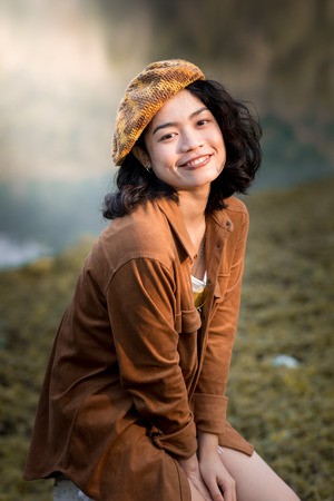 beauty asian woman traveler at beautiful natural placeの写真素材