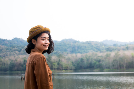 close up beauty asian woman traveler at beautiful placeの写真素材
