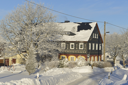 Upper Lusatian house in Saxon in winter in Weifa.のeditorial素材