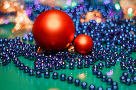 Abstract Merry Christmas background with a Christmas toy with blue garlands for the new year. Happy New Year and Merry Christmasの写真素材