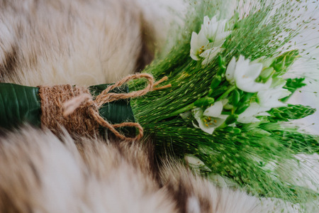 wedding bouquet with a predominance of green on white fur. Wedding Conceptの写真素材