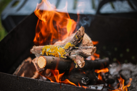 Red flame from a cut of a tree, dark gray coals inside a metal brazier. Firewood burning in a brazier on a bright yellow flame. Flames of fire preparing for cooking kebabs. Charcoal brazier coalの写真素材